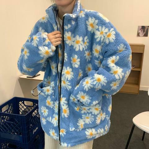 Coquette Aesthetic Daisy Sherpa Jacket - Y2K Fashion Women's Outerwear Coquette Aesthetic Daisy Sherpa Jacket - Y2K Fashion Women's Outerwear