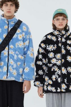 Coquette Aesthetic Daisy Sherpa Jacket - Y2K Fashion Women's Outerwear