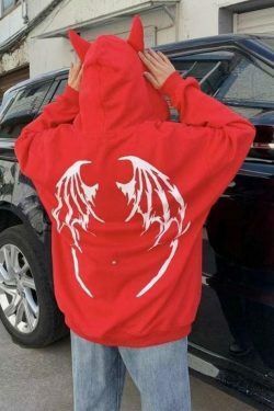 Coquette Aesthetic Demon Horn Fleece Lined Zip Up Hoodie