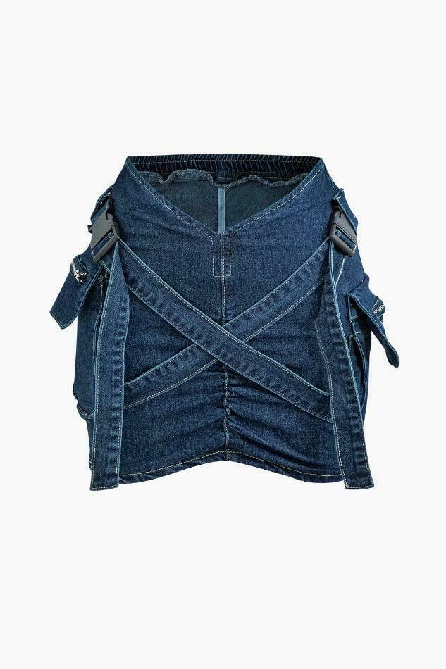 Coquette Aesthetic Denim Cargo Skirt with V-Waist Buckle & Flap Pockets
