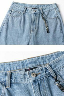 Coquette Aesthetic Denim Knee-Length Jorts with Keychain - Y2K Fashion Statement Piece