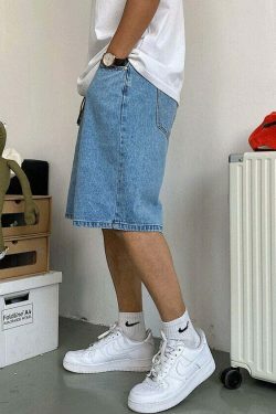 Coquette Aesthetic Denim Knee-Length Jorts with Keychain - Y2K Fashion Statement Piece