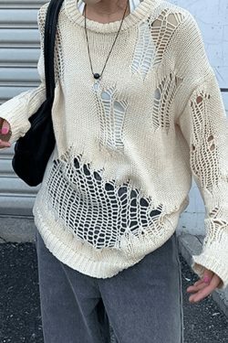 Coquette Aesthetic Distressed Crochet Knit Sweater