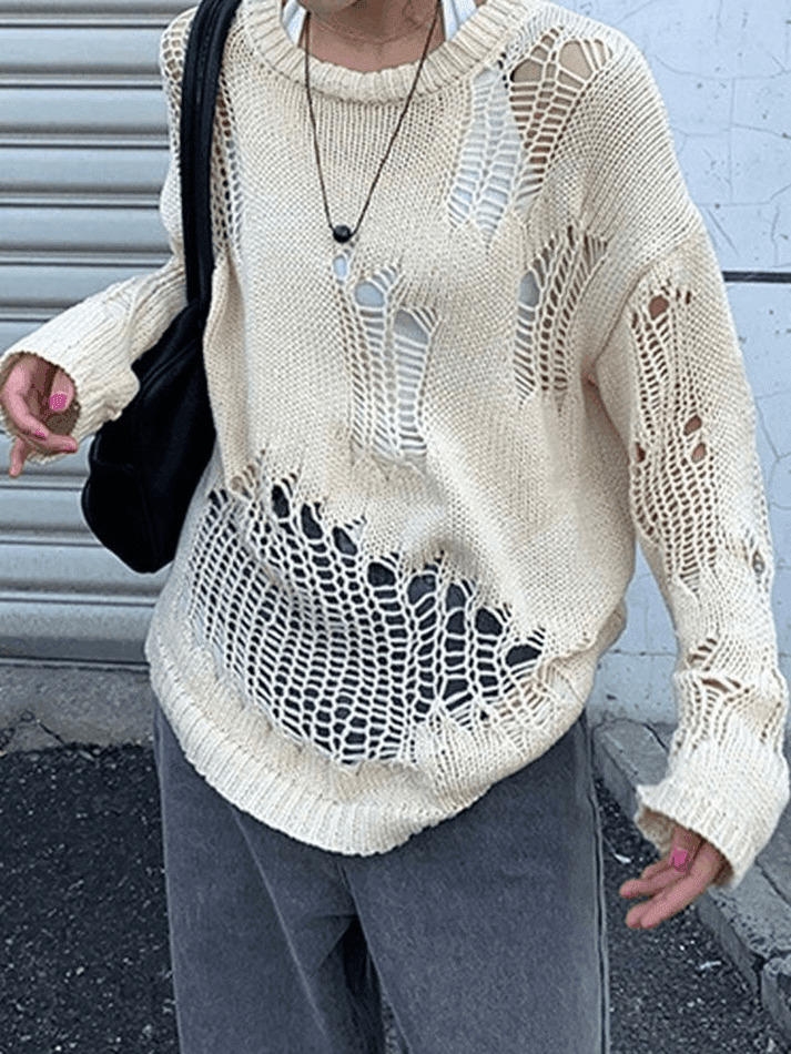 Coquette Aesthetic Distressed Crochet Knit Sweater Coquette Aesthetic Distressed Crochet Knit Sweater
