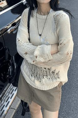 Coquette Aesthetic Distressed Crochet Knit Sweater