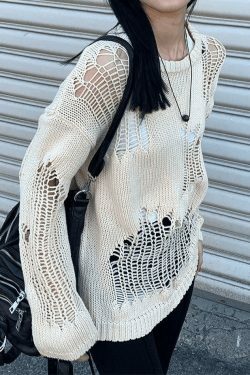 Coquette Aesthetic Distressed Crochet Knit Sweater