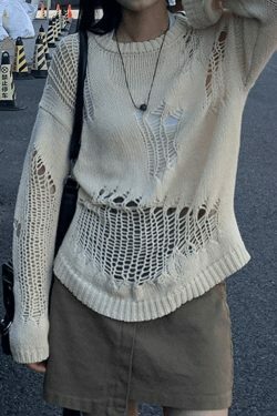 Coquette Aesthetic Distressed Crochet Knit Sweater