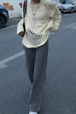 Coquette Aesthetic Distressed Crochet Knit Sweater