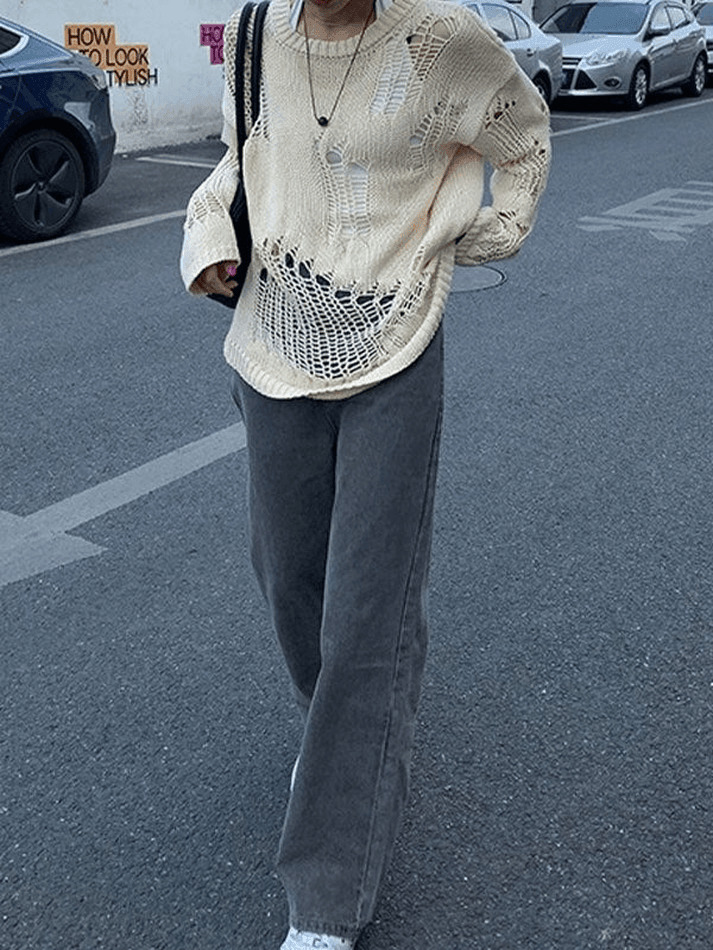 Coquette Aesthetic Distressed Crochet Knit Sweater Coquette Aesthetic Distressed Crochet Knit Sweater