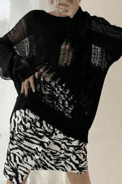 Coquette Aesthetic Distressed Crochet Knit Sweater