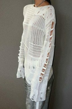 Coquette Aesthetic Distressed Crochet Knit Top - Y2K Fashion Women's Clothing