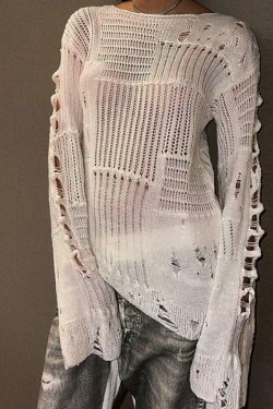 Coquette Aesthetic Distressed Crochet Knit Top - Y2K Fashion Women's Clothing