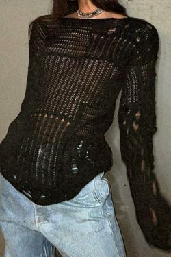 Coquette Aesthetic Distressed Crochet Knit Top - Y2K Fashion Women's Clothing