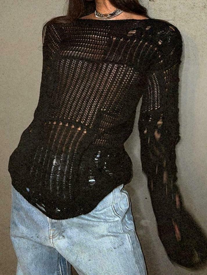 Coquette Aesthetic Distressed Crochet Knit Top - Y2K Fashion Women's Clothing Coquette Aesthetic Distressed Crochet Knit Top - Y2K Fashion Women's Clothing