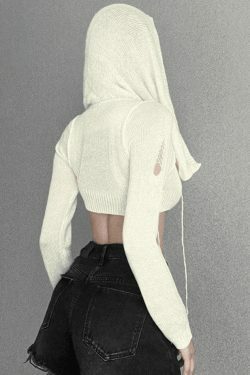 Coquette Aesthetic Distressed Hooded Knit Crop Top