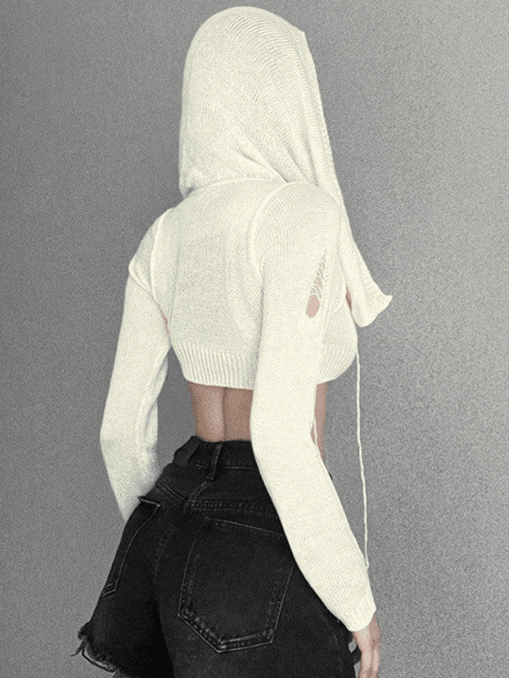 Coquette Aesthetic Distressed Hooded Knit Crop Top Coquette Aesthetic Distressed Hooded Knit Crop Top