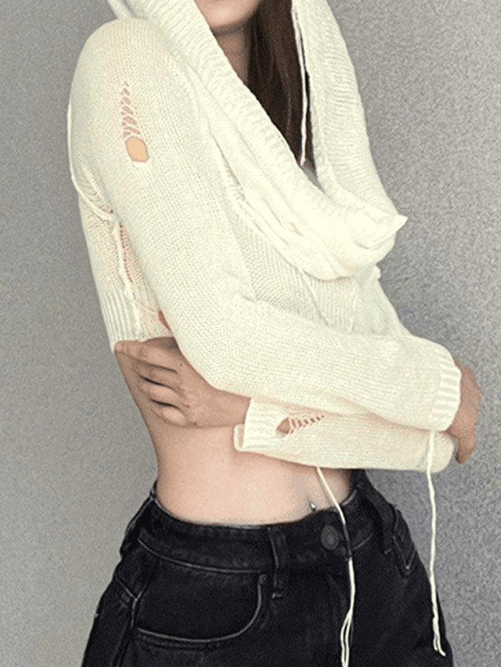 Coquette Aesthetic Distressed Hooded Knit Crop Top Coquette Aesthetic Distressed Hooded Knit Crop Top