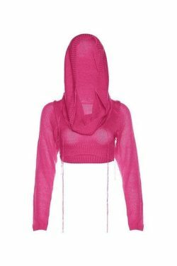 Coquette Aesthetic Distressed Hooded Knit Crop Top