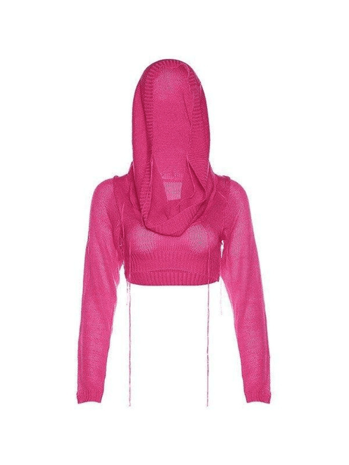 Coquette Aesthetic Distressed Hooded Knit Crop Top Coquette Aesthetic Distressed Hooded Knit Crop Top