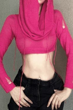Coquette Aesthetic Distressed Hooded Knit Crop Top