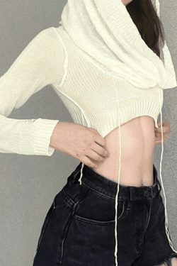 Coquette Aesthetic Distressed Hooded Knit Crop Top