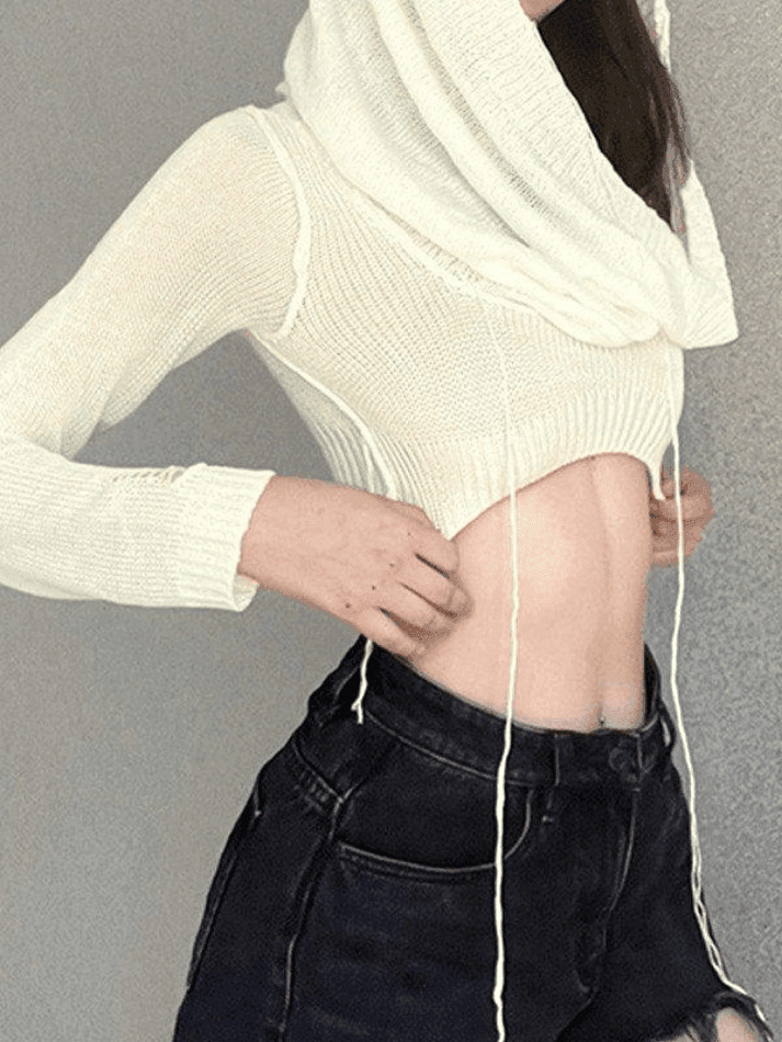 Coquette Aesthetic Distressed Hooded Knit Crop Top Coquette Aesthetic Distressed Hooded Knit Crop Top