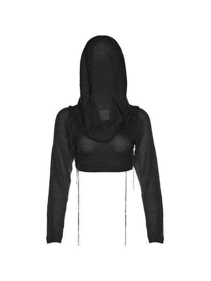 Coquette Aesthetic Distressed Hooded Knit Crop Top Coquette Aesthetic Distressed Hooded Knit Crop Top