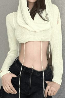 Coquette Aesthetic Distressed Hooded Knit Crop Top