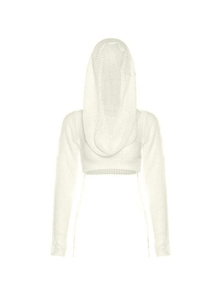 Coquette Aesthetic Distressed Hooded Knit Crop Top Coquette Aesthetic Distressed Hooded Knit Crop Top