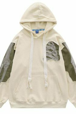 Coquette Aesthetic Distressed Skeleton Embroidered Hoodie
