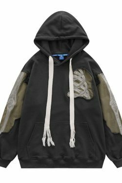 Coquette Aesthetic Distressed Skeleton Embroidered Hoodie