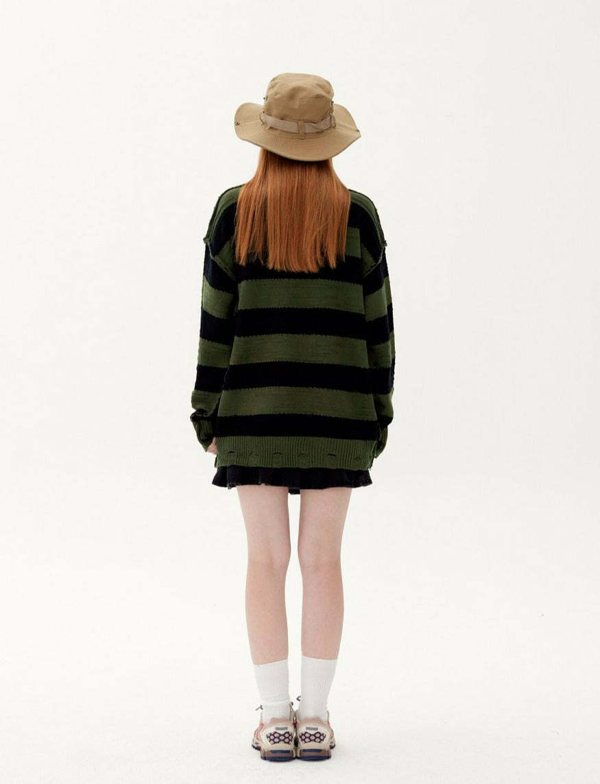 Coquette Aesthetic Distressed Stripe Knit Sweater - Y2K Fashion Statement Piece