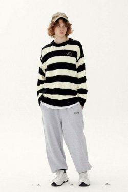 Coquette Aesthetic Distressed Stripe Knit Sweater - Y2K Fashion Statement Piece