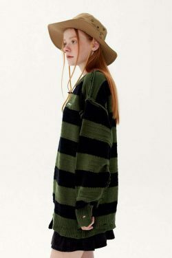 Coquette Aesthetic Distressed Stripe Knit Sweater - Y2K Fashion Statement Piece