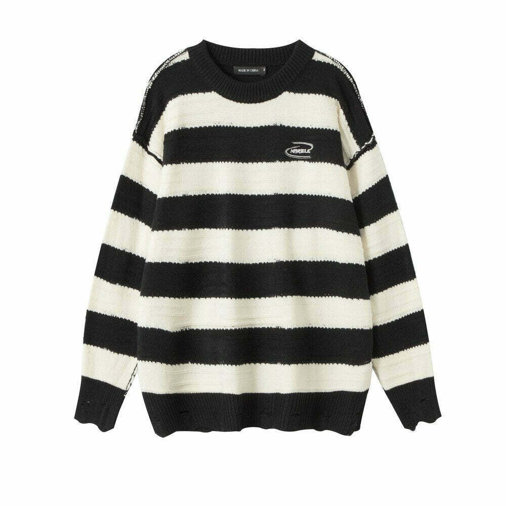 Coquette Aesthetic Distressed Stripe Knit Sweater - Y2K Fashion Statement Piece