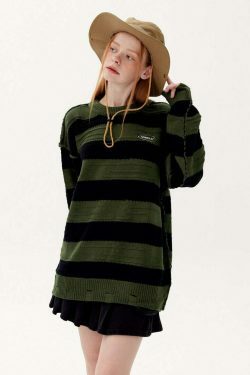 Coquette Aesthetic Distressed Stripe Knit Sweater - Y2K Fashion Statement Piece