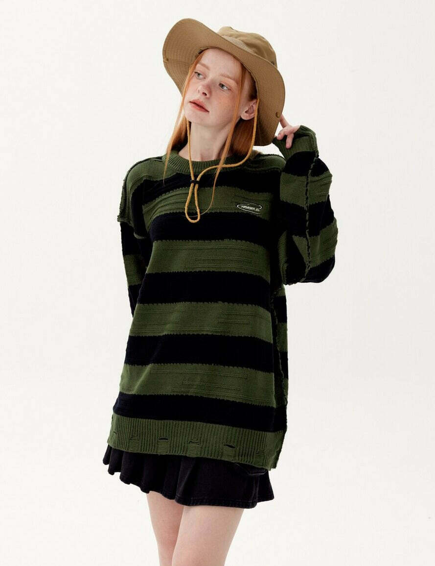Coquette Aesthetic Distressed Stripe Knit Sweater - Y2K Fashion Statement Piece