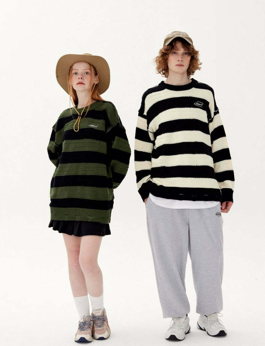 Coquette Aesthetic Distressed Stripe Knit Sweater - Y2K Fashion Statement Piece