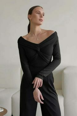 Coquette Aesthetic Draped Slash Neck Tunic - Y2K Fashion Statement Piece