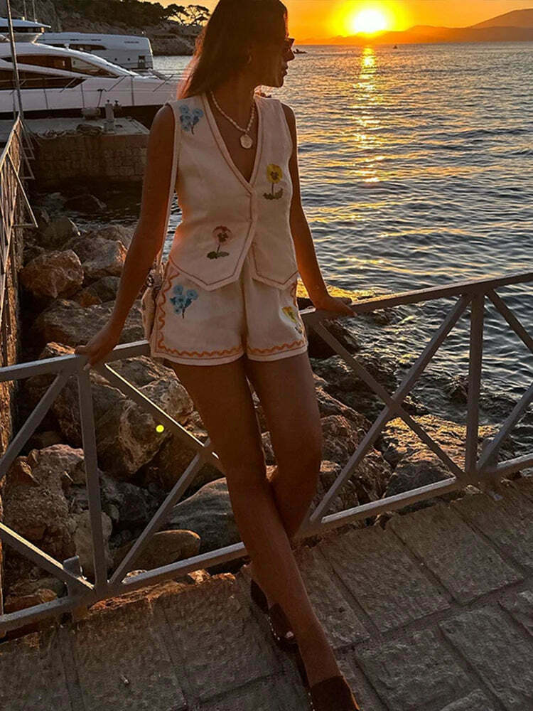 Coquette Aesthetic Embroidered Shorts Set - Y2K Fashion Women's Outfit Coquette Aesthetic Embroidered Shorts Set - Y2K Fashion Women's Outfit