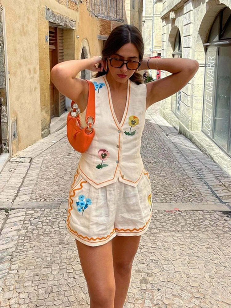 Coquette Aesthetic Embroidered Shorts Set - Y2K Fashion Women's Outfit Coquette Aesthetic Embroidered Shorts Set - Y2K Fashion Women's Outfit