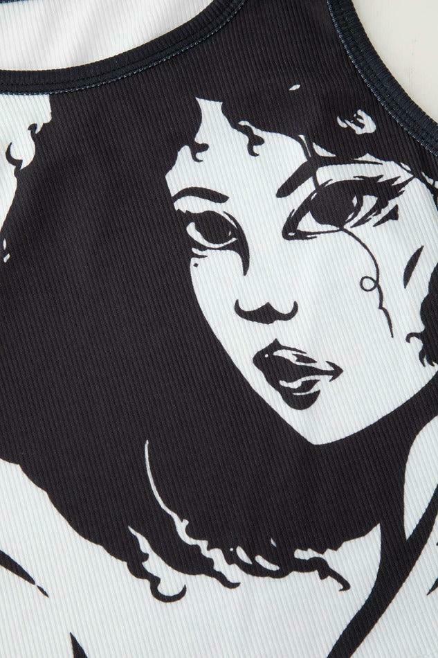 Coquette Aesthetic Face Print Rib Tank Top - Y2K Fashion Grunge Style Cute Tops Pastel Goth