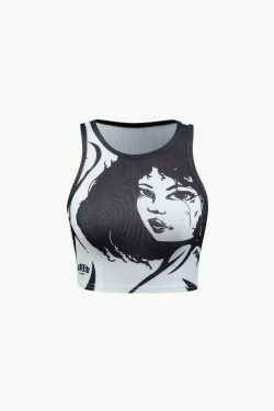 Coquette Aesthetic Face Print Rib Tank Top - Y2K Fashion Grunge Style Cute Tops Pastel Goth