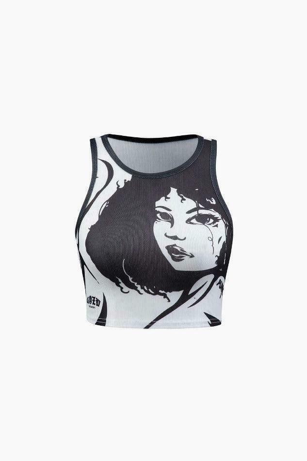 Coquette Aesthetic Face Print Rib Tank Top - Y2K Fashion Grunge Style Cute Tops Pastel Goth