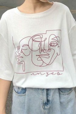 Coquette Aesthetic Faces Art Drawing T-Shirt - Y2K Fashion Grunge Style Cute Tops Pastel Goth