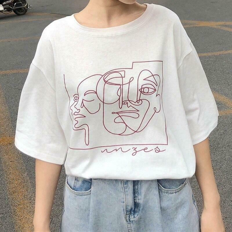 Coquette Aesthetic Faces Art Drawing T-Shirt - Y2K Fashion Grunge Style Cute Tops Pastel Goth