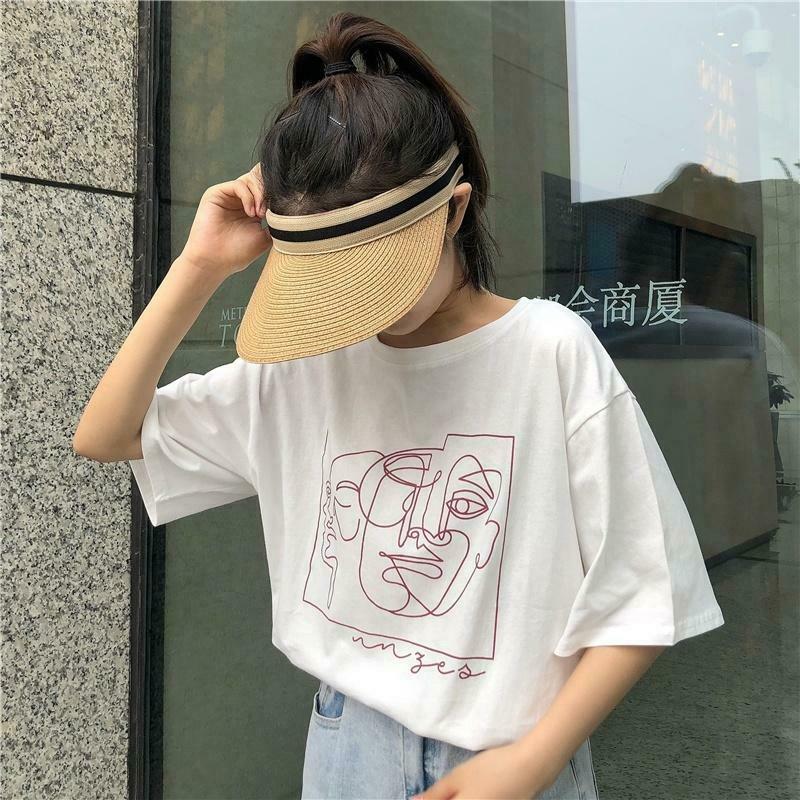 Coquette Aesthetic Faces Art Drawing T-Shirt - Y2K Fashion Grunge Style Cute Tops Pastel Goth