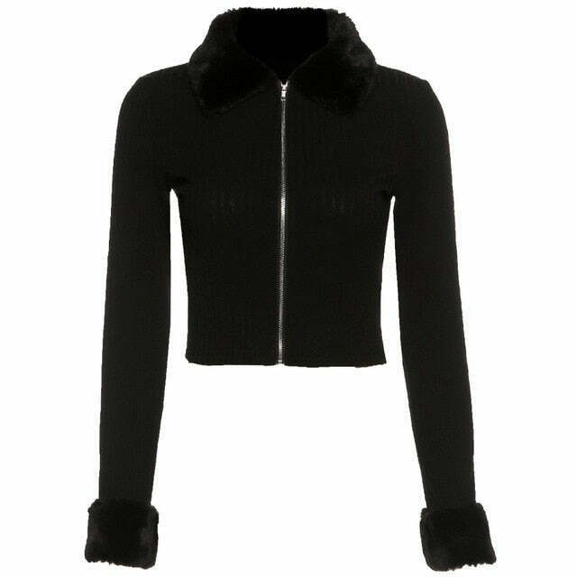 Coquette Aesthetic Faux Fur Zip Top Cardigan - Y2K Fashion Women's Grunge Style Sweater