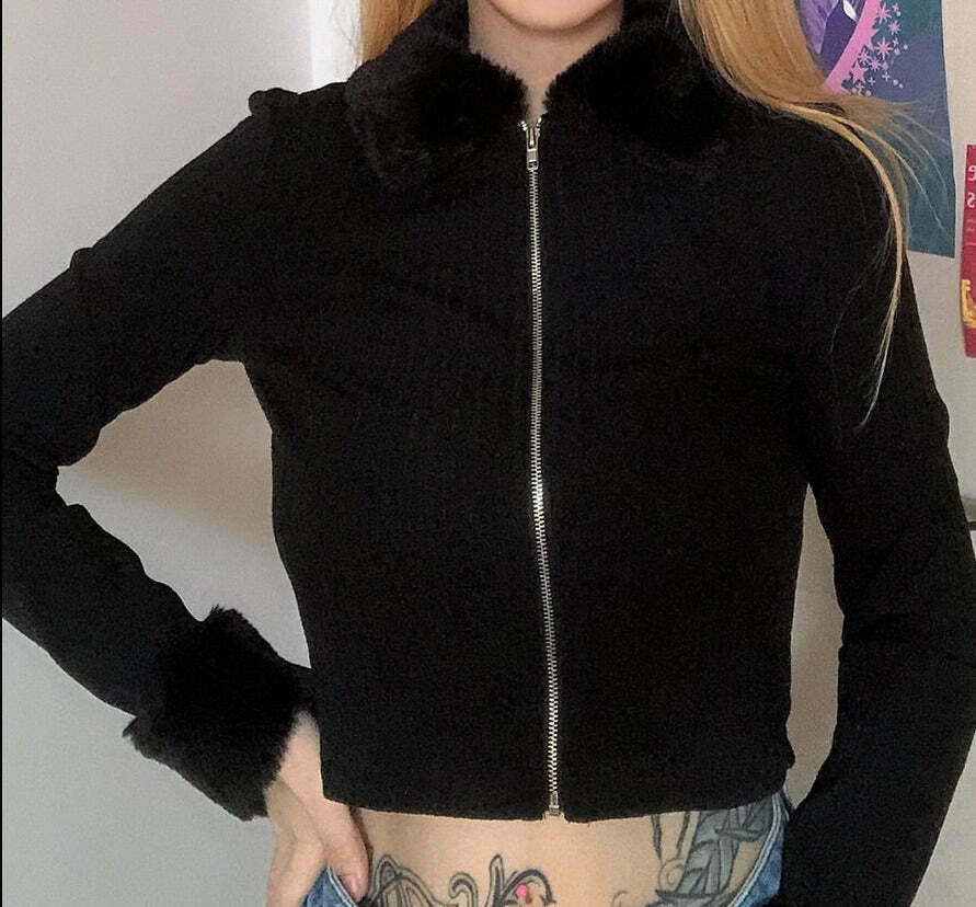 Coquette Aesthetic Faux Fur Zip Top Cardigan - Y2K Fashion Women's Grunge Style Sweater