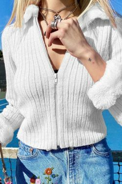 Coquette Aesthetic Faux Fur Zip Top Cardigan - Y2K Fashion Women's Grunge Style Sweater